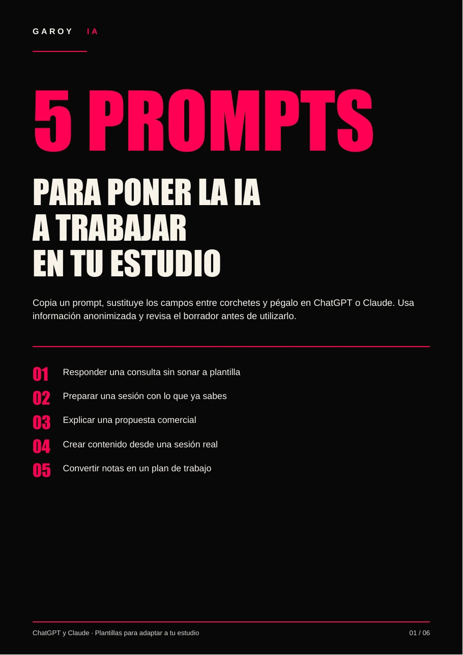Portada de la guía gratuita de Garoy IA con cinco prompts para fotógrafos